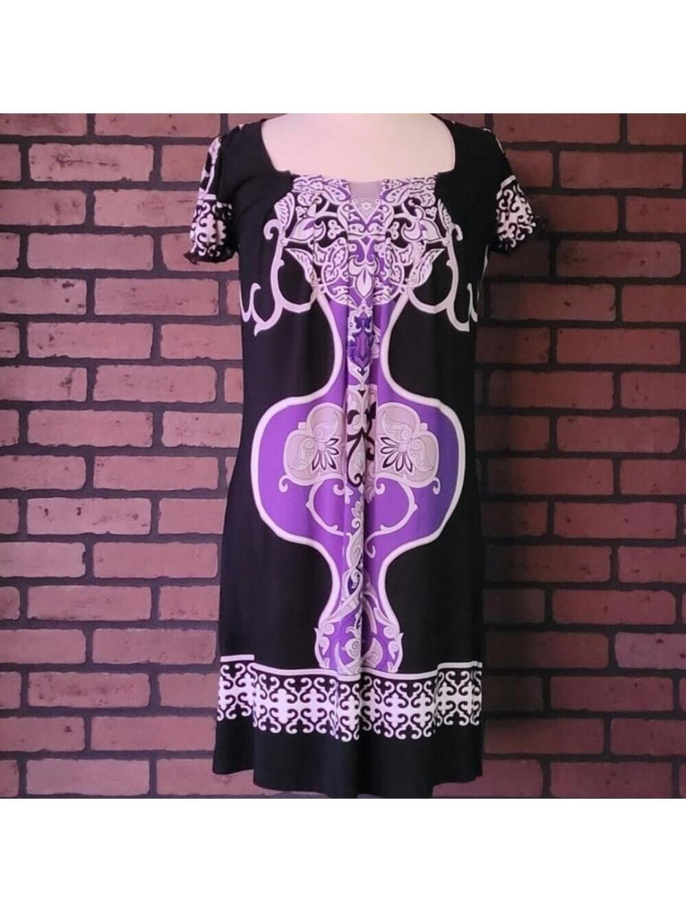 Enfocus Studio Purple Black Print Dress Size 4